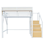 Loft Bed 140x200 with Safety Ladder & Storage, White Metal