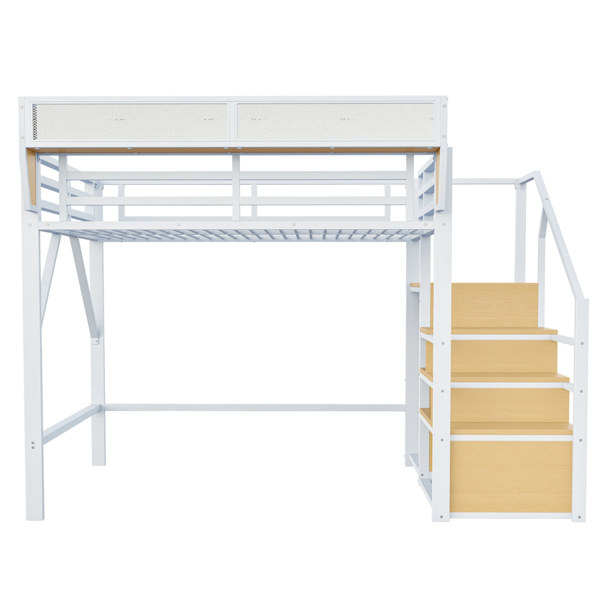 Loft Bed 140x200 with Safety Ladder & Storage, White Metal