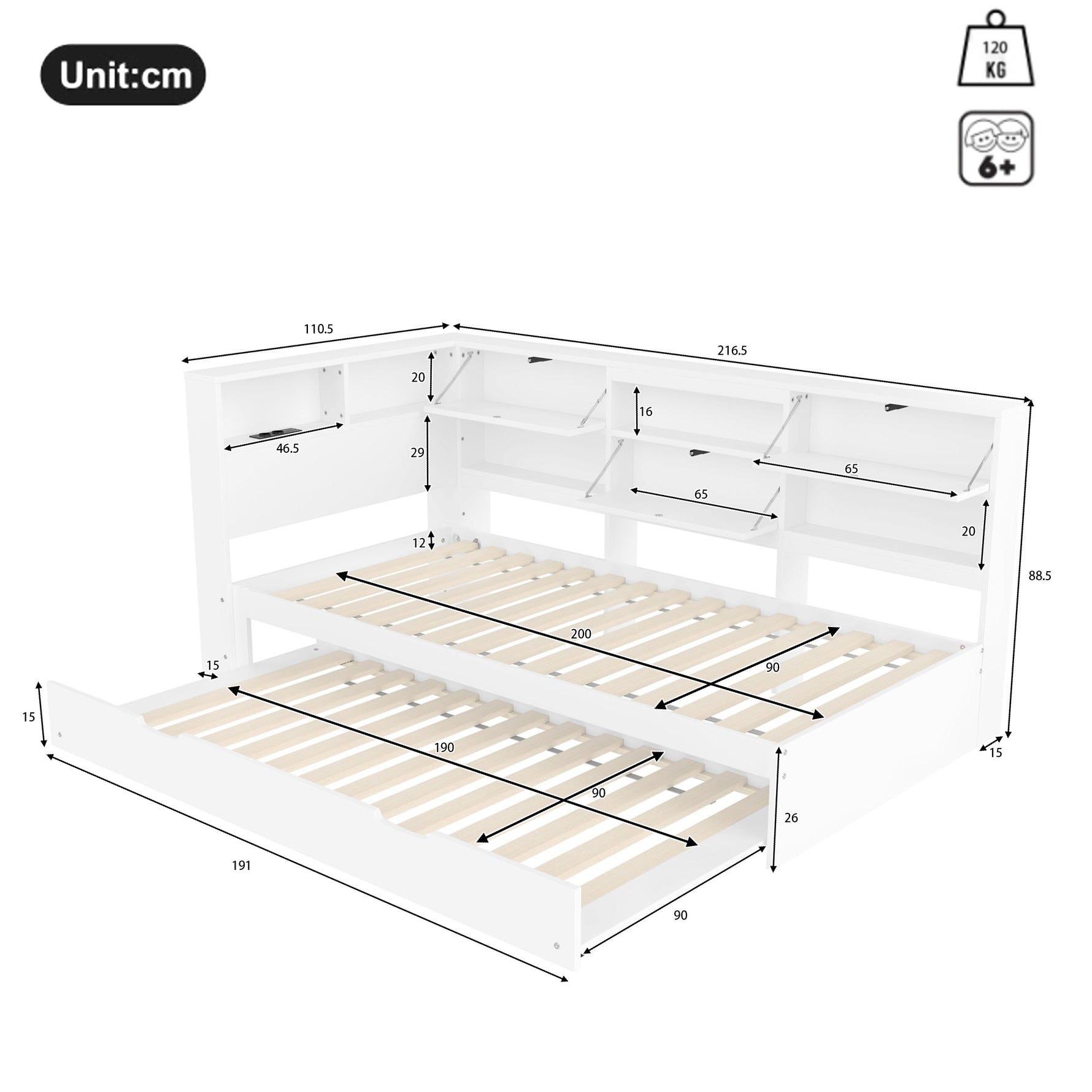 Daybed Sofa Bed with 90x200cm Storage Headboard and Extendable Bed, White