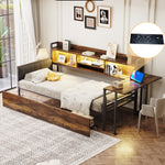 Iron Sofa Bed 90x200cm LED Storage Drawers Fold-Out Desk, Wood Color