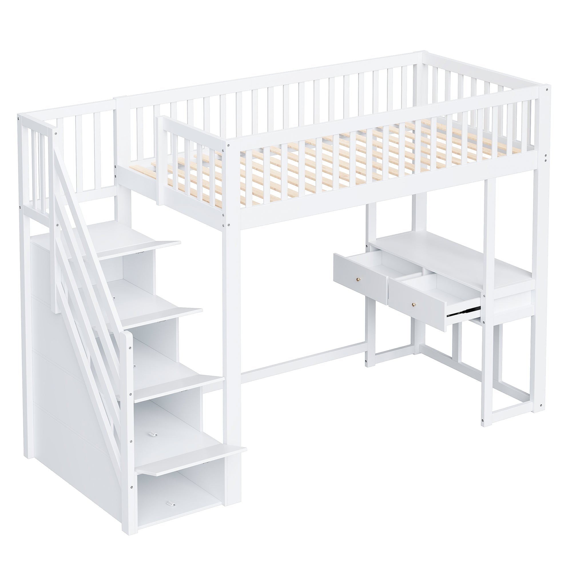 Loft Bed with Multifunctional Table and Storage Stairs, 90x200cm, White Pine Wood