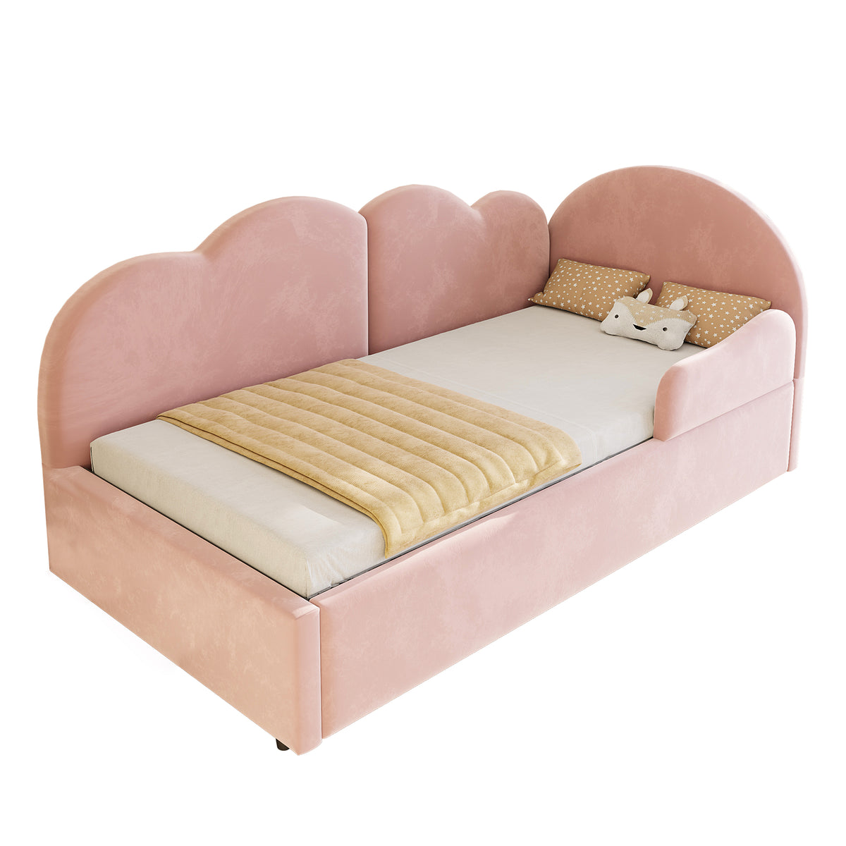 Extendable L-Shaped Sofa Bed with Cloud Headboard, Pink Velvet