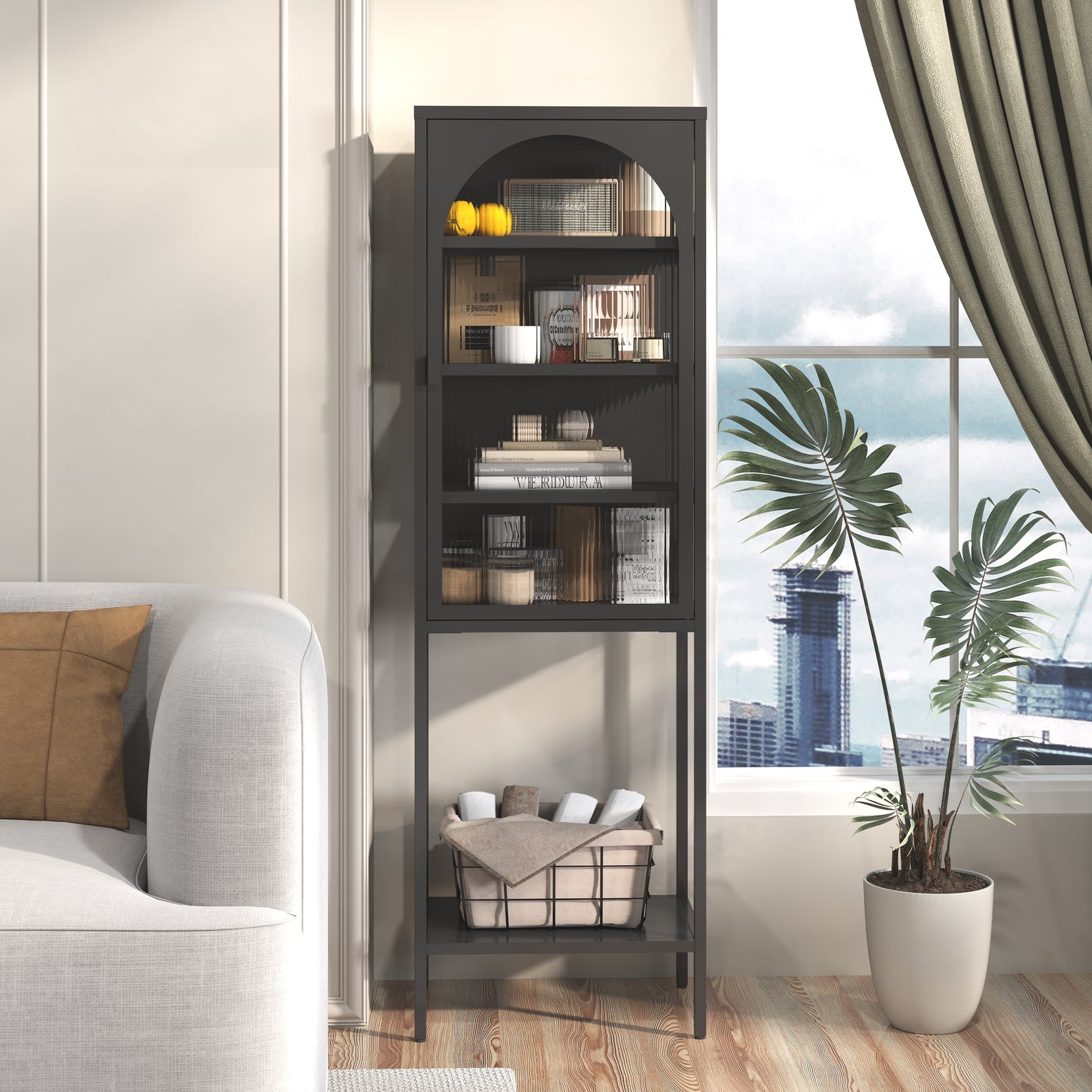 Metal & Glass Display Cabinet 5-Tier 3 Adjustable Shelves 160x50x35cm - Iron