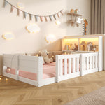 Flatbed Kids Bed 90x200cm with LED Light & Railings, White
