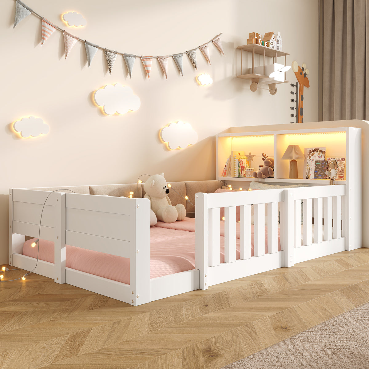 Flatbed Kids Bed 90x200cm with LED Light & Railings, White