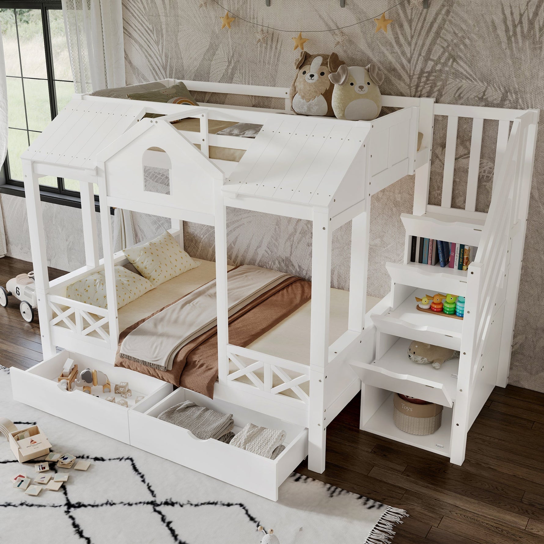 Bunk Bed with Windows Roof Stair Storage Drawers 90/140x200cm White Pine