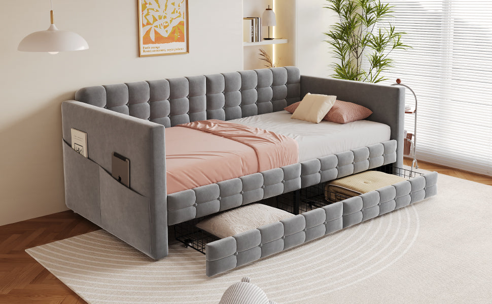 Upholstered Sofa Bed 90x190 with Side Storage and Drawers, Grey Velvet