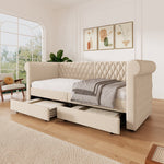 Vintage Upholstered Sofa Bed, 90x200 cm, 2 Storage Drawers, Linen Beige