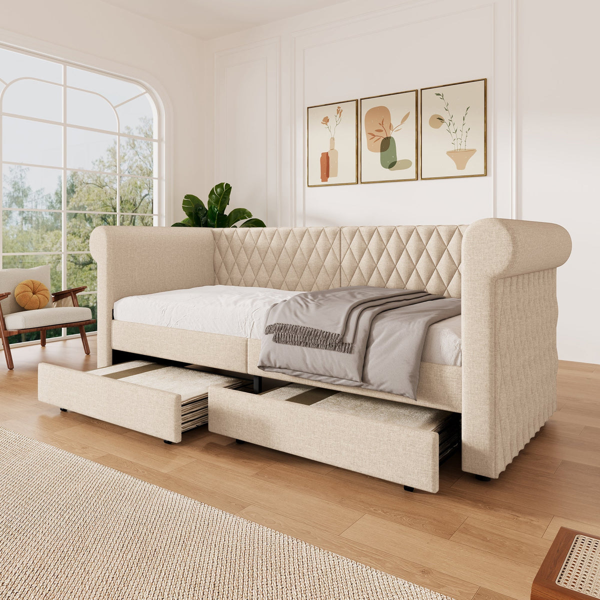 Vintage Upholstered Sofa Bed, 90x200 cm, 2 Storage Drawers, Linen Beige