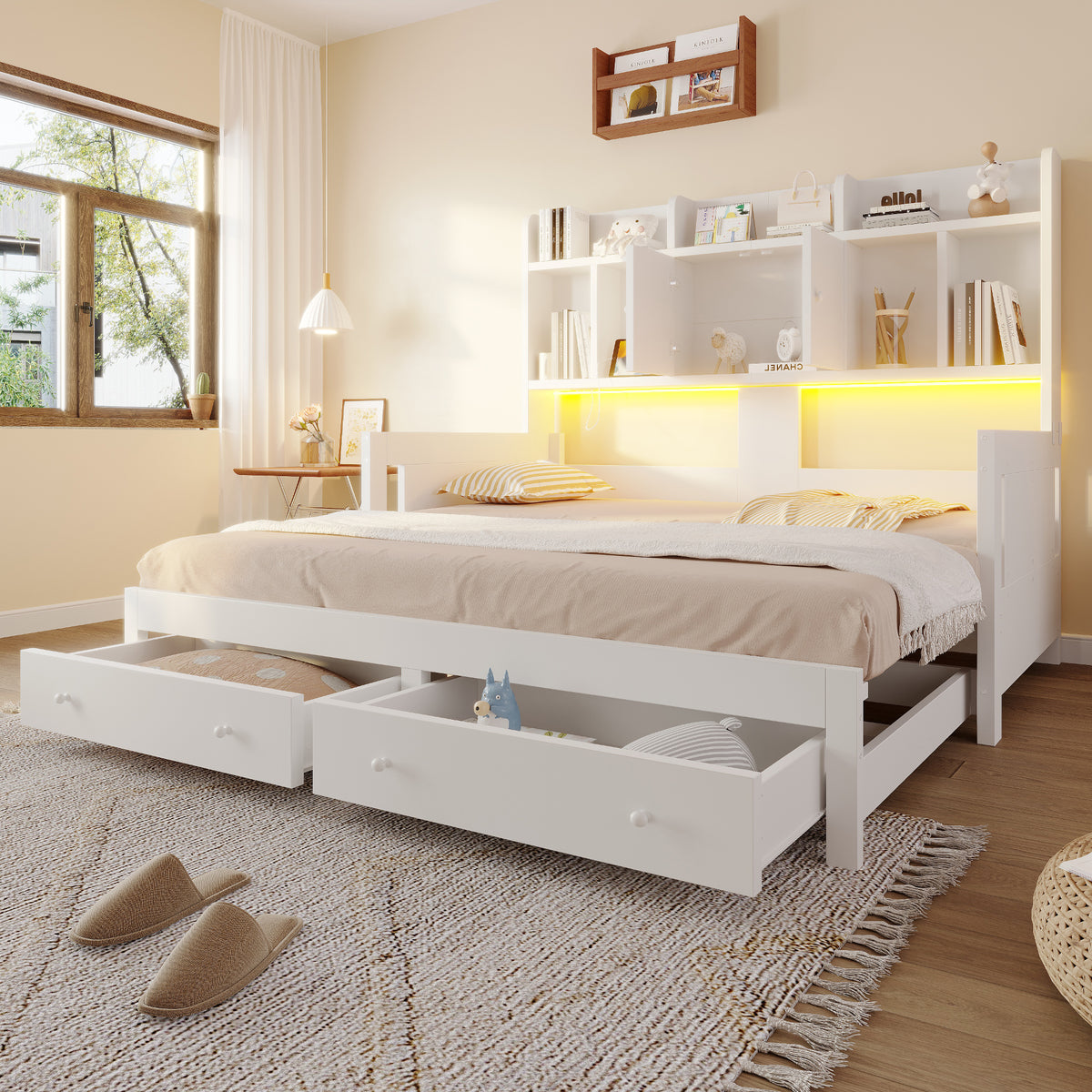 Extendable Wooden Sofa Bed with Storage Drawers & LED - White
