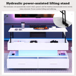 Hydraulic Height-Adjustable Coffee Table, LED Lighting, Bluetooth Control, 2 Drawers, White