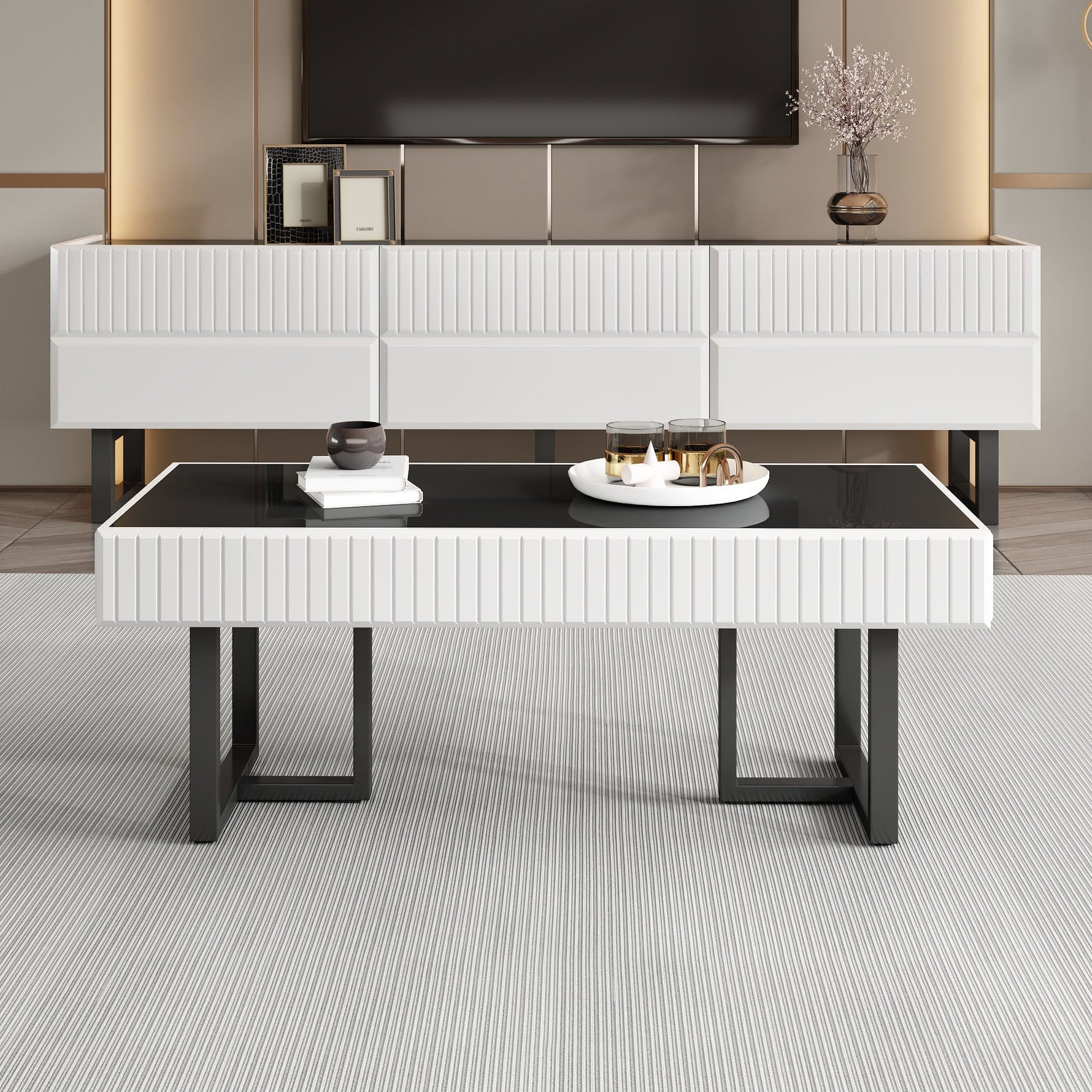 Coffee Table and TV Cabinet Set Modern Minimalist Storage Furniture - Black and White Stripe