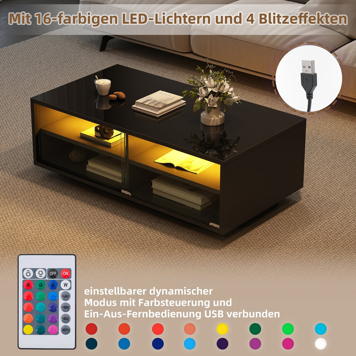 LED Coffee Table with 2 Drawers and Tempered Glass Door, Black High-Gloss