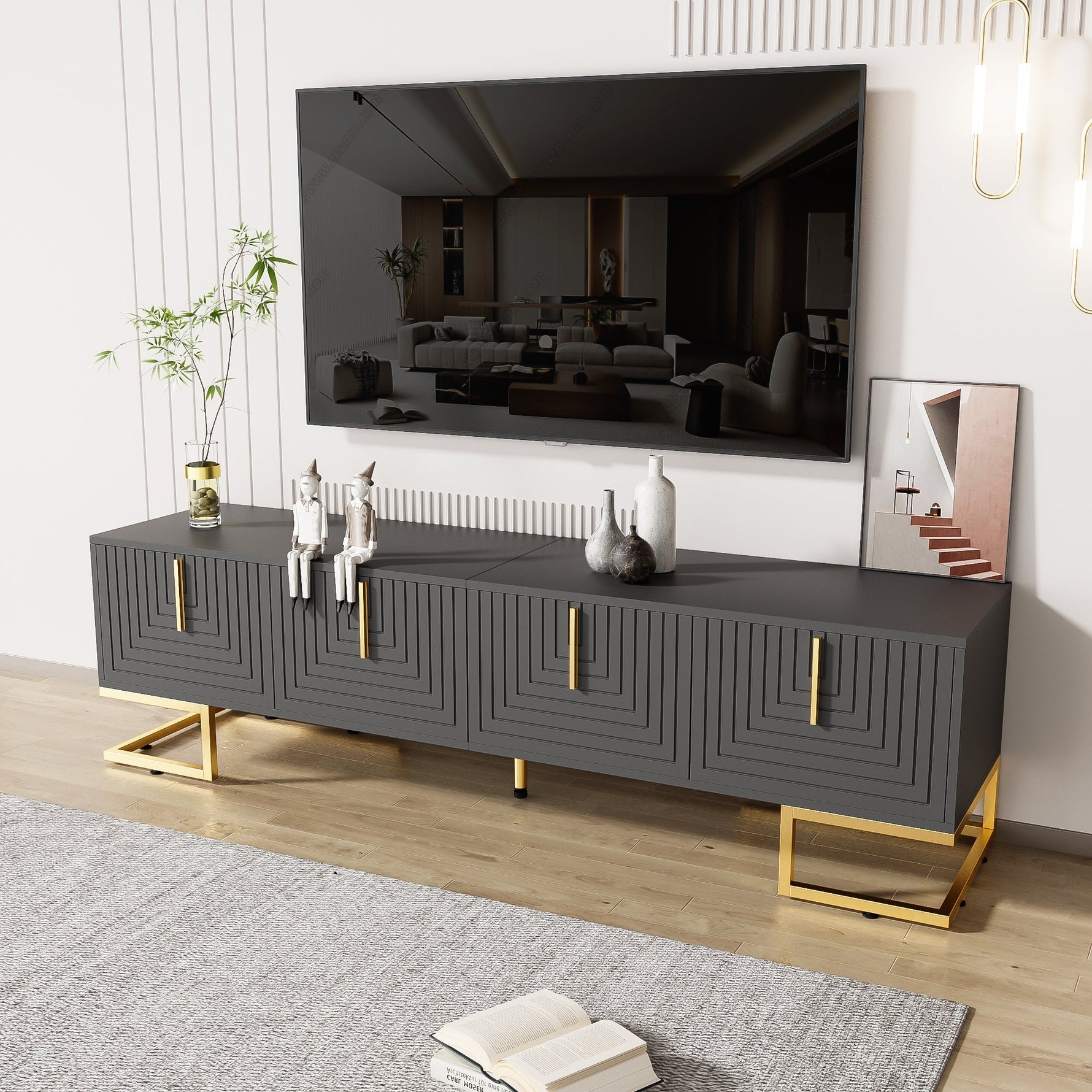 TV Lowboard Textured Door Gold Handles Gold Feet