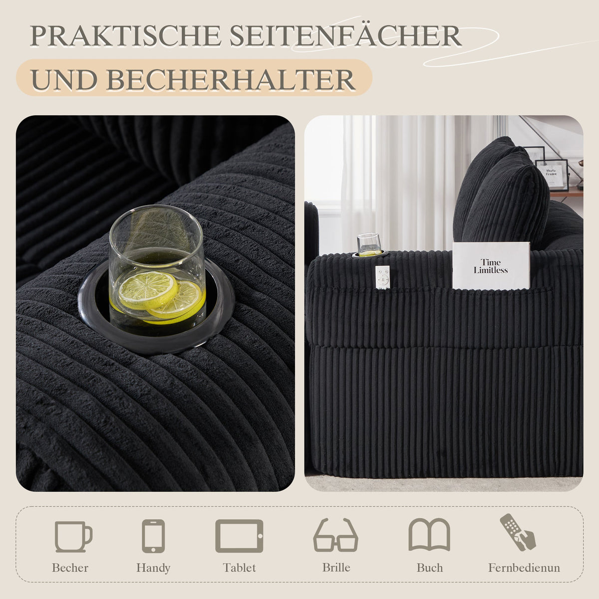Two-Seater Sofa Storage Pocket Drink Holder - Corduroy Fabric