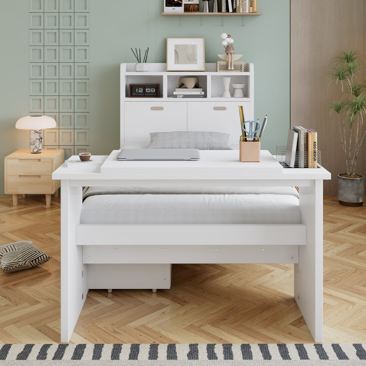 Children's Single Bed 90x200 with Storage Shelf in White Wood