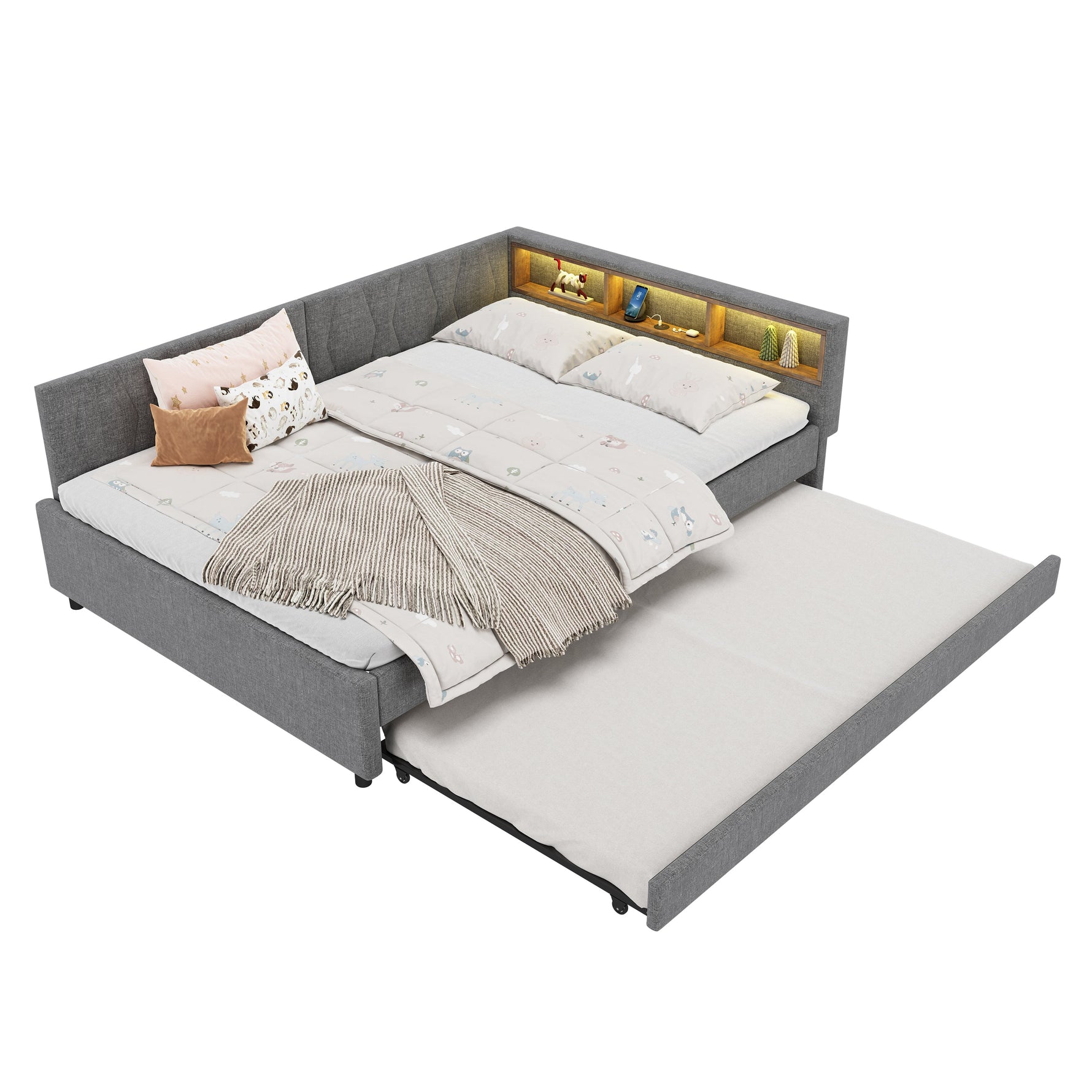 Daybed 140x200cm with Pull-out Bed, Storage, USB and LED, Grey Linen