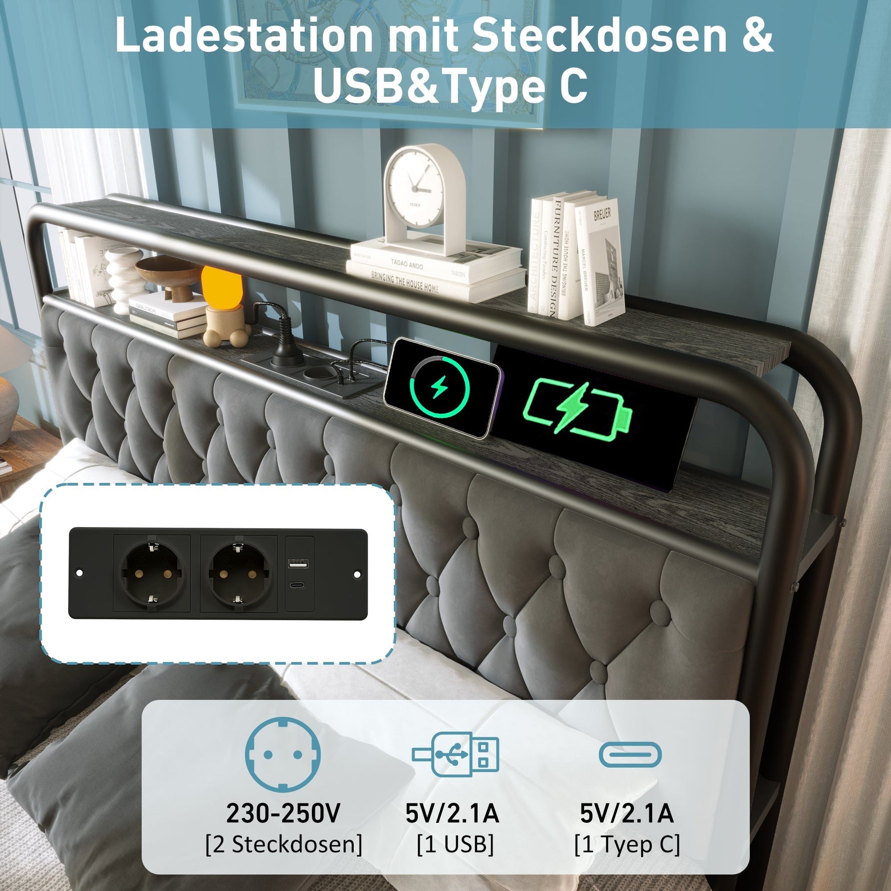 Upholstered Double Bed, USB-C Charging, APP-Control LED, 140x200, 4 Drawers, Velvet
