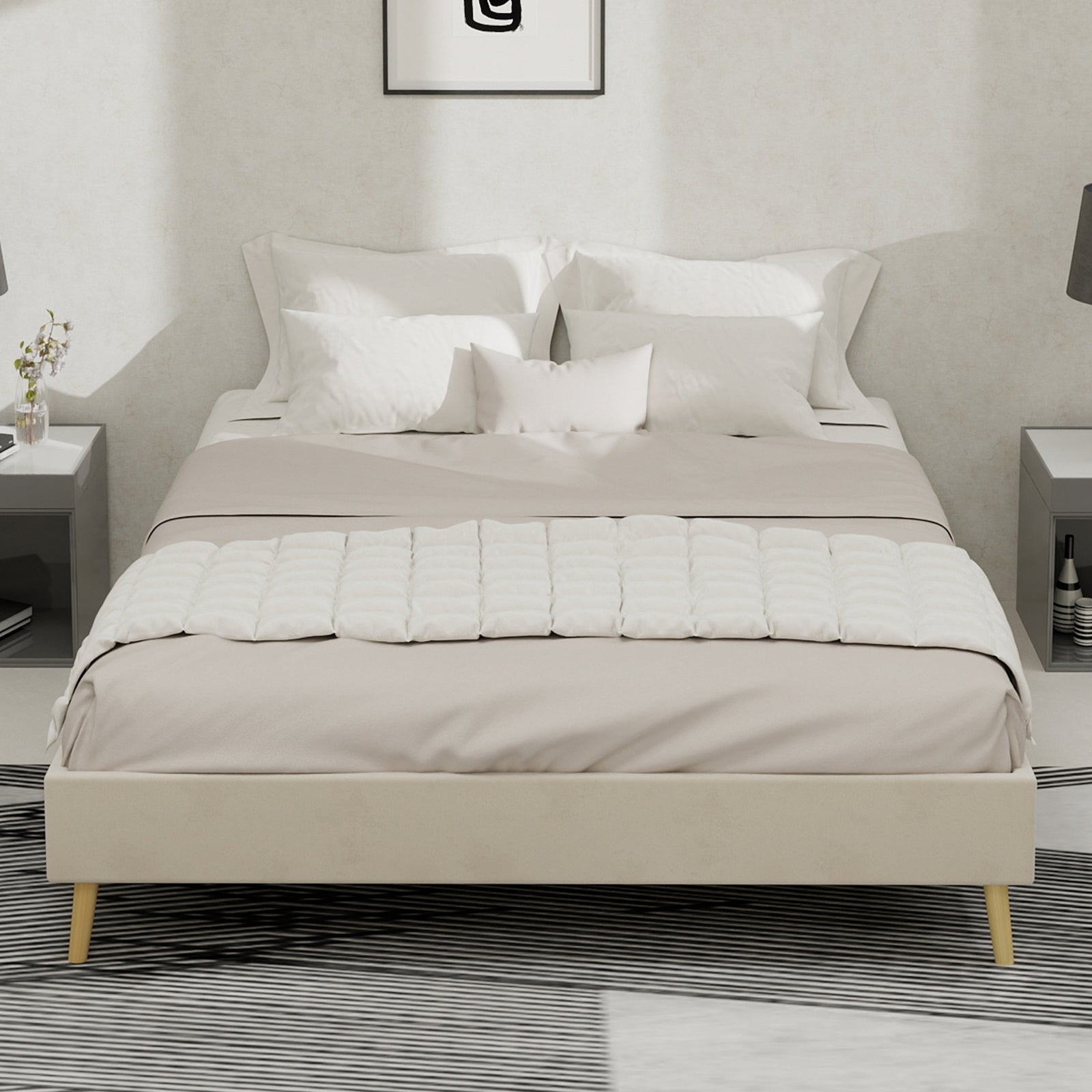 Modern Minimalist Bed Frame 140x200 Low-Profile Dutch Velvet, Beige