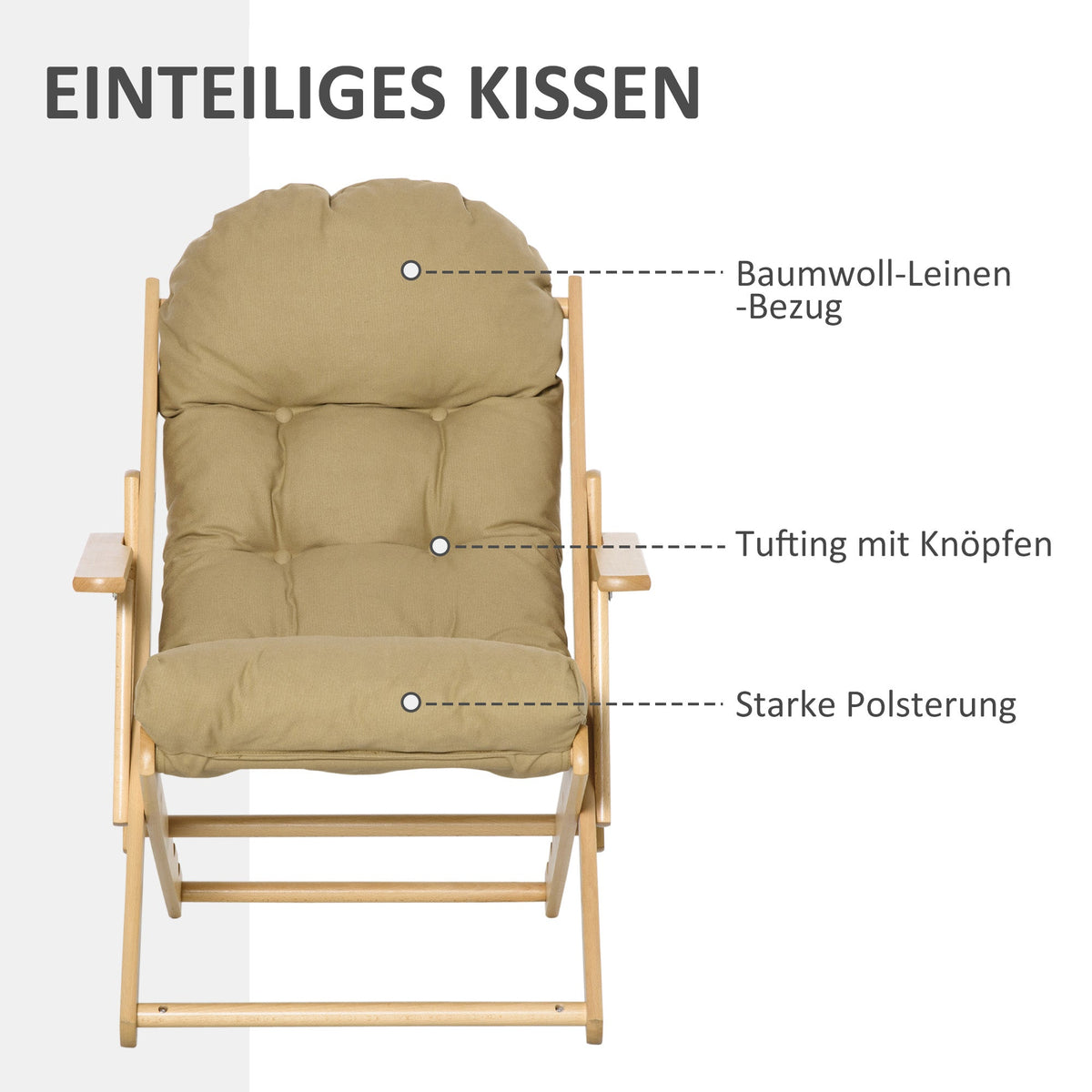 Reclining Armchair, Folding Upholstered Lounge Chair, Beech Wood, Brown