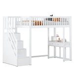 Loft Bed with Multifunctional Table and Storage Stairs, 90x200cm, White Pine Wood