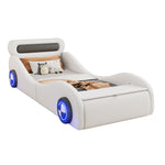 Car Shaped Upholstered Bed with Light-up Wheels and Storage, White PU