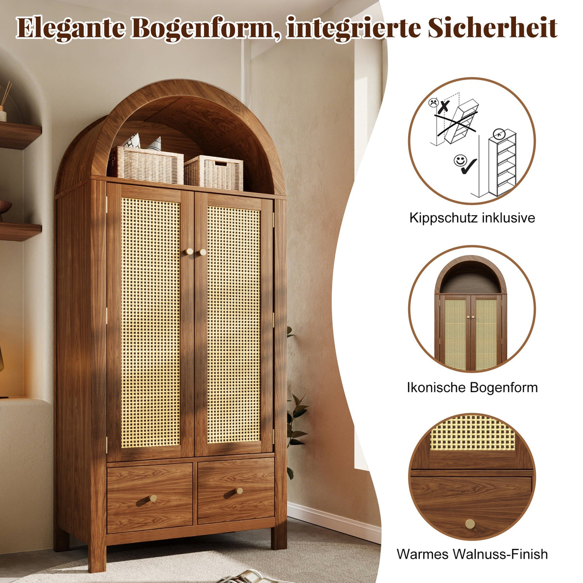 Wardrobe with Rattan Weave and 2 Drawers, Walnut Look