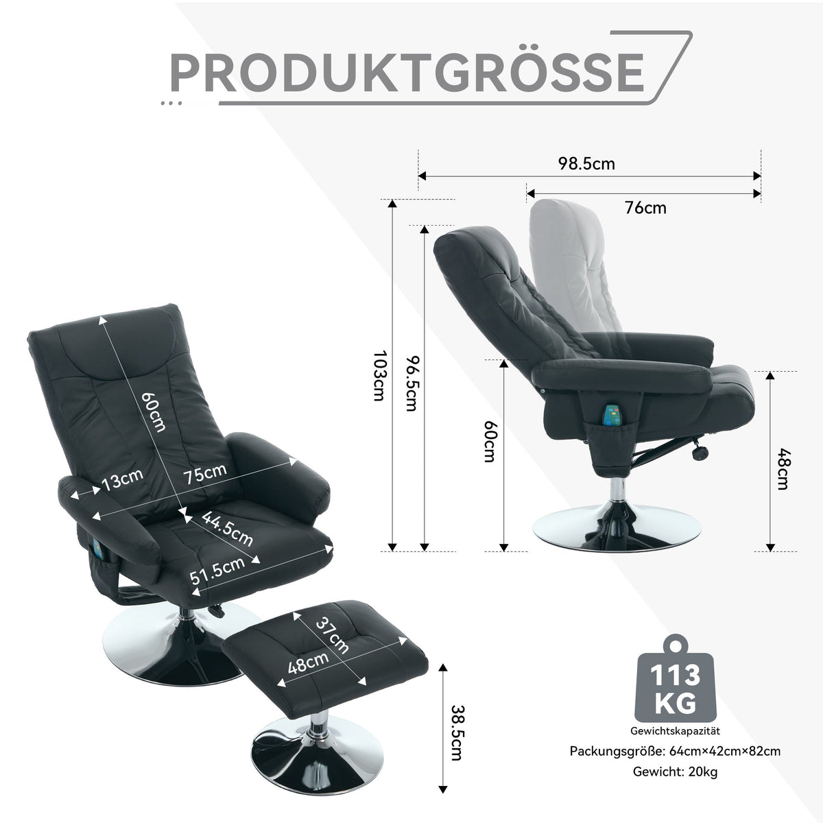024 Recliner Chair, 5-Point Massage, Electric Heat & Footstool, 360° Swivel, Black PU Fabric