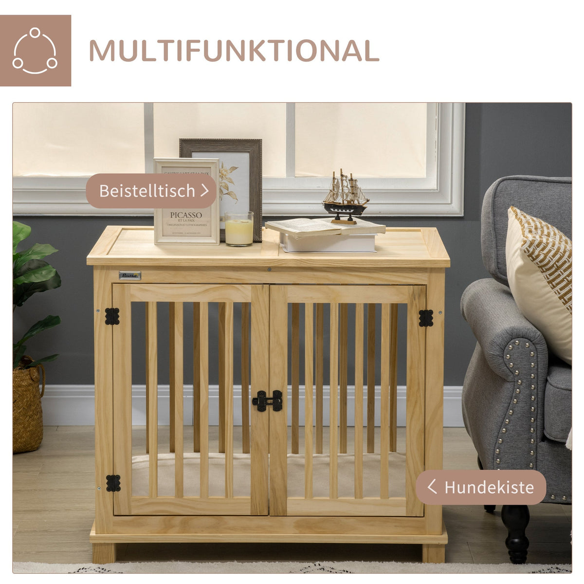 Dog Cage for Medium Dogs, Cushion, Natural Wood in Cream White