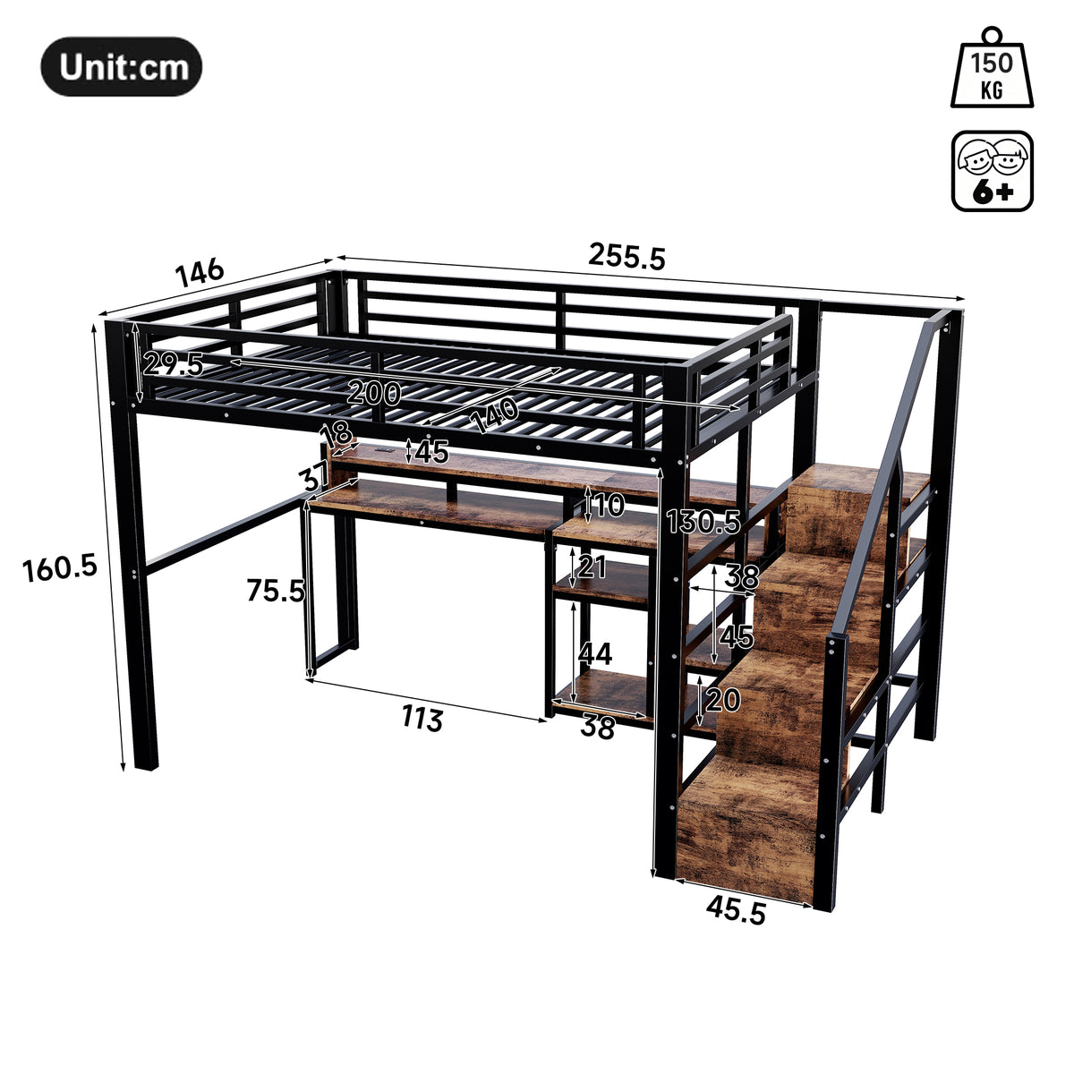 Loft Bed 140x200cm with Storage Cabinet & LED, Black Metal