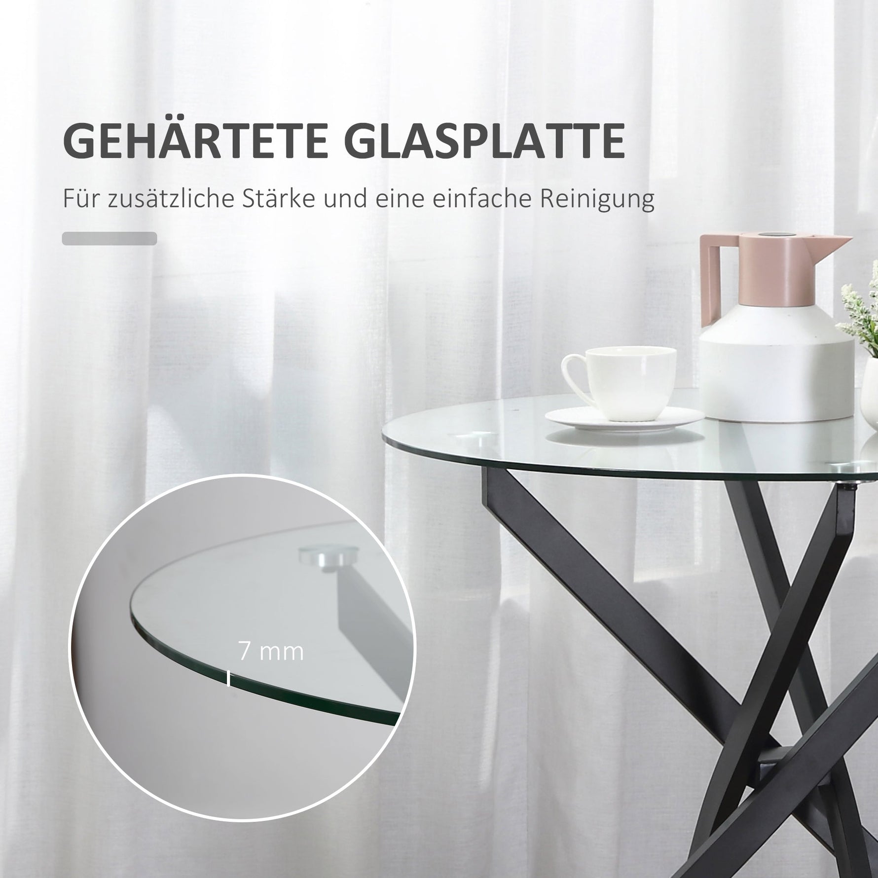 Coffee Table, Round Glass Side Table with Safety Glass, Black Metal Frame