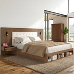 Double Bed with USB Charging Station, Reading Lamp and 2 Bedside Tables, 180x200cm, Walnut Wood Color