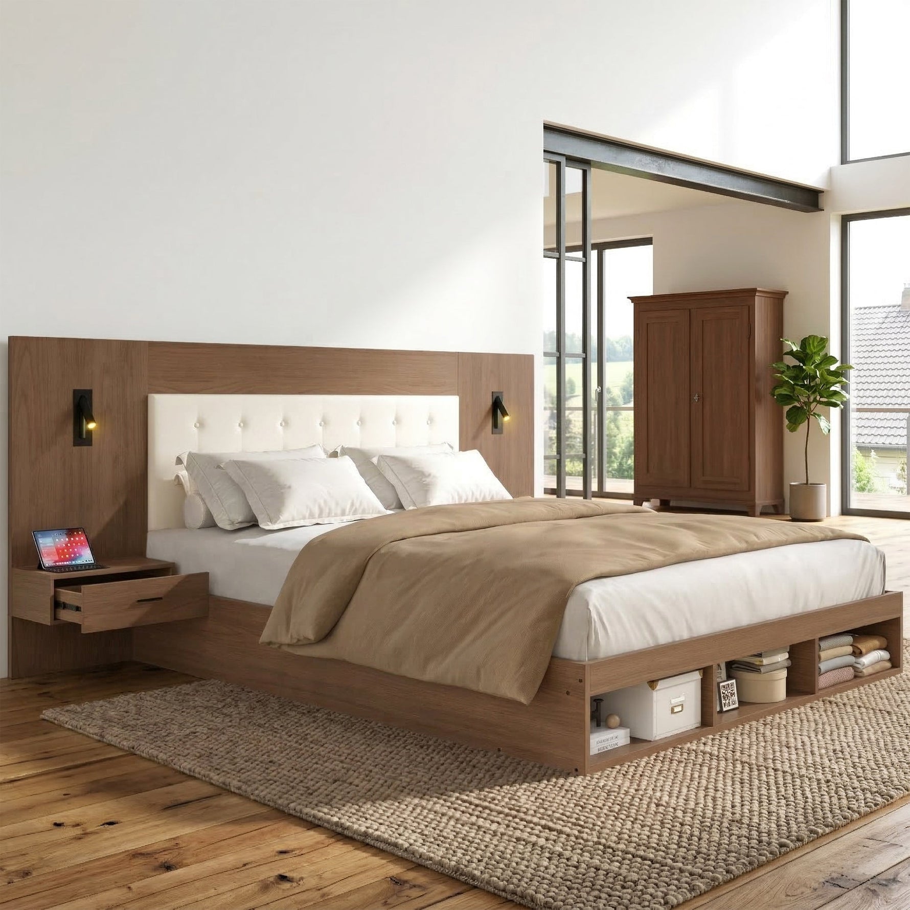 Double Bed with USB Charging Station, Reading Lamp and 2 Bedside Tables, 180x200cm, Walnut Wood Color