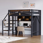Metal Loft Bed, 140x200cm, Window Design, Safety Ladder, Storage, Black