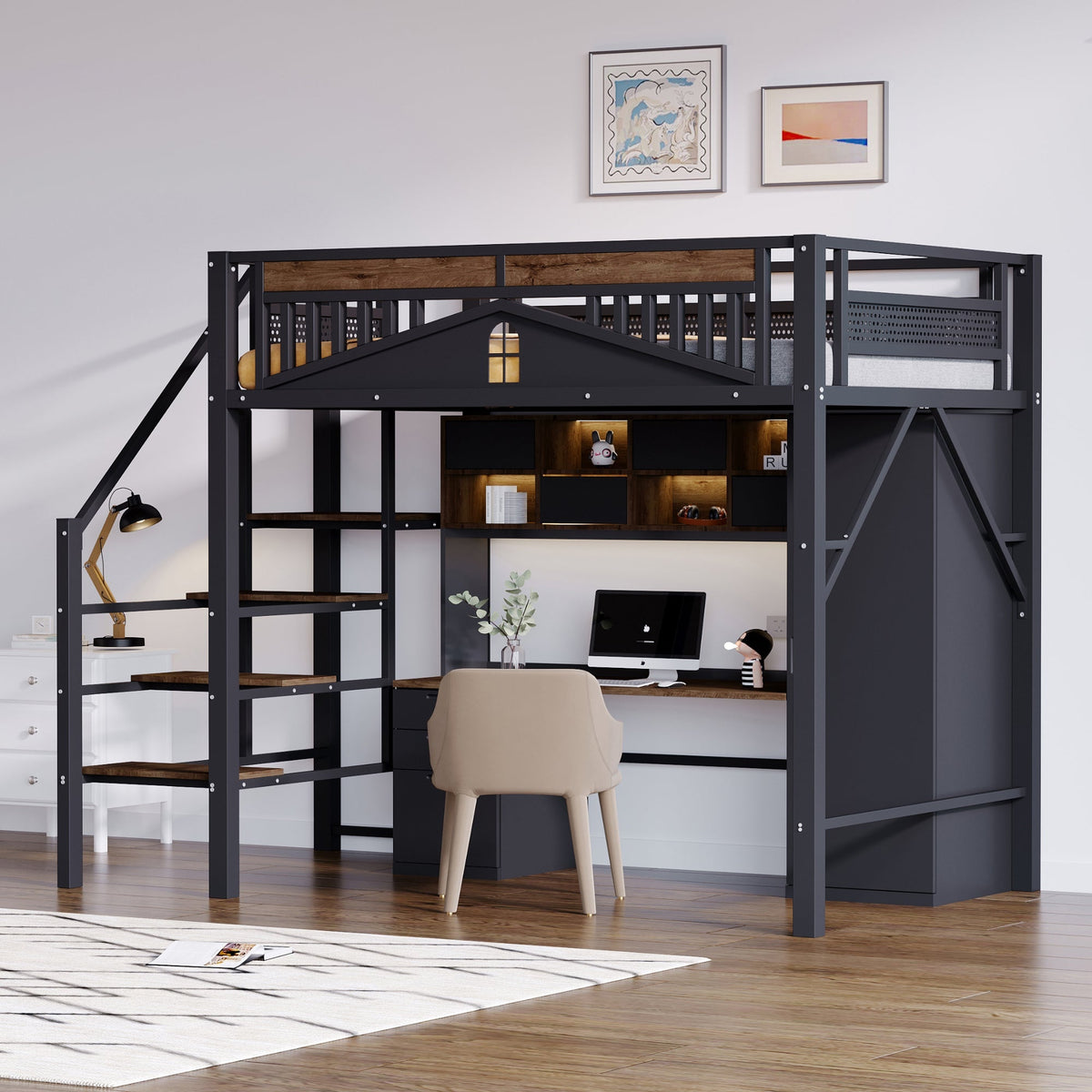 Metal Loft Bed, 140x200cm, Window Design, Safety Ladder, Storage, Black