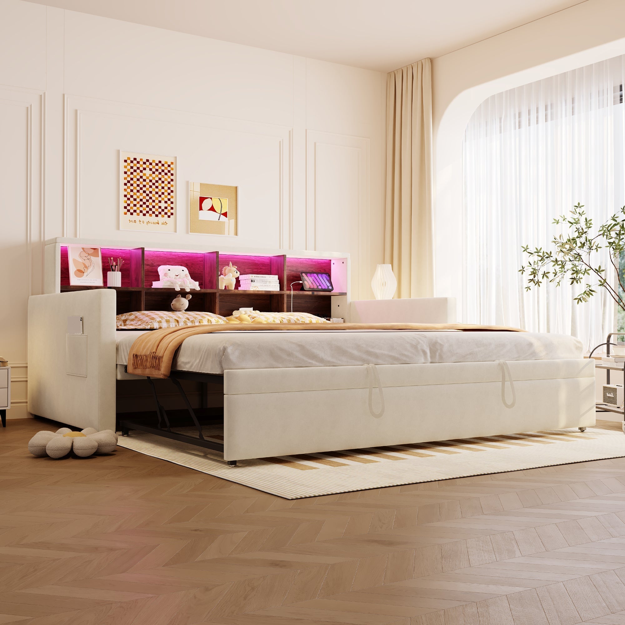 Upholstered Sofa Bed 90x190cm with Storage Headboard, LED and Charging Ports, Beige Velvet