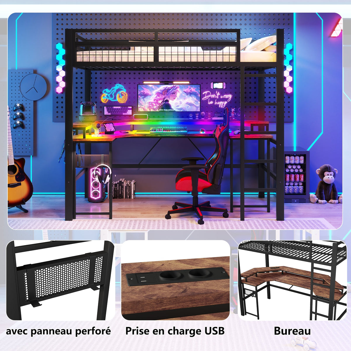Loft Bed with Desk, LED Lights and Charging Ports, 90x200 cm, Black Iron