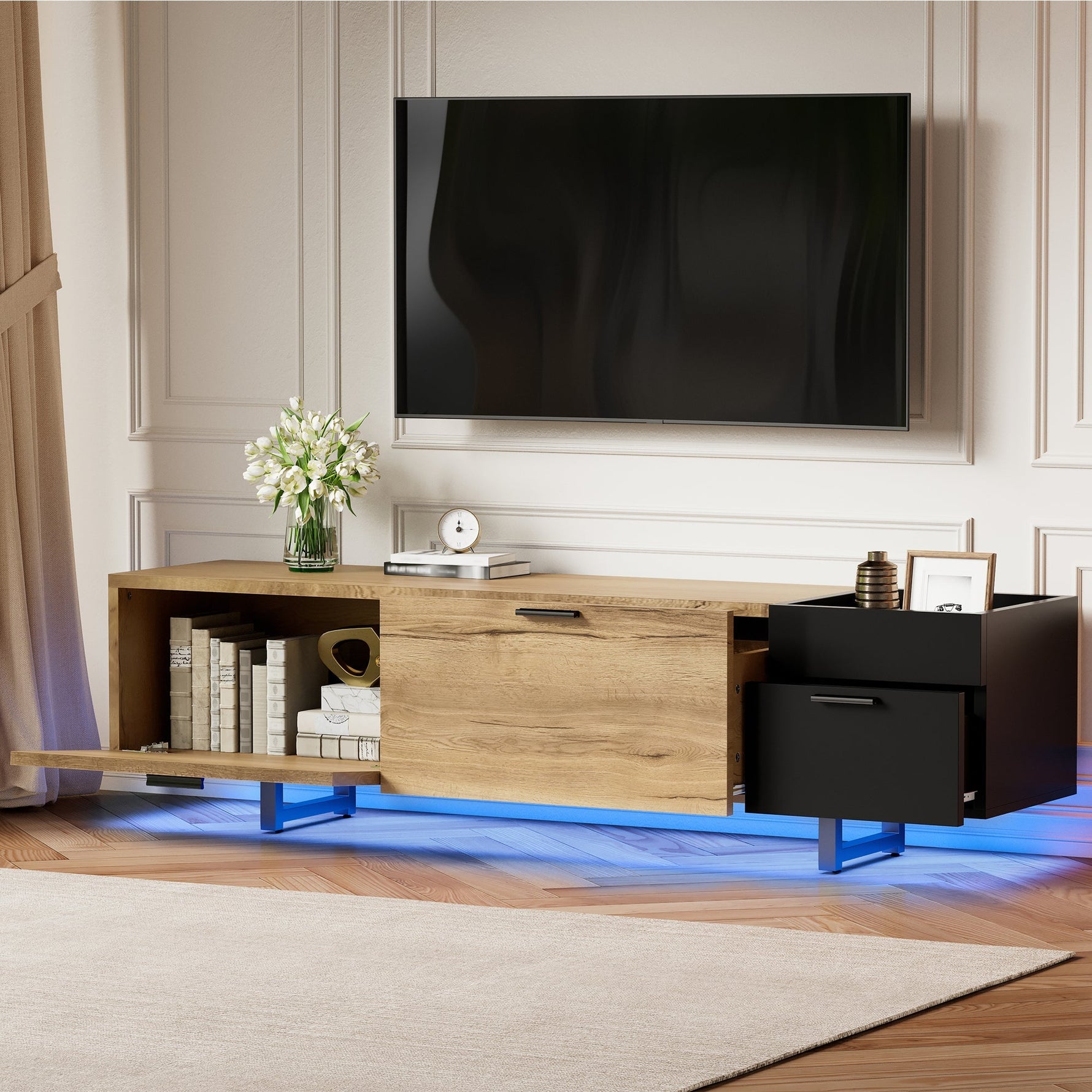 Modern TV Cabinet with Drawers and Open Compartments, Wood and Black