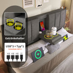 Upholstered Bed 160x200cm Hydraulic Storage with Hidden Cup Holder & Charging Station Linen Grey