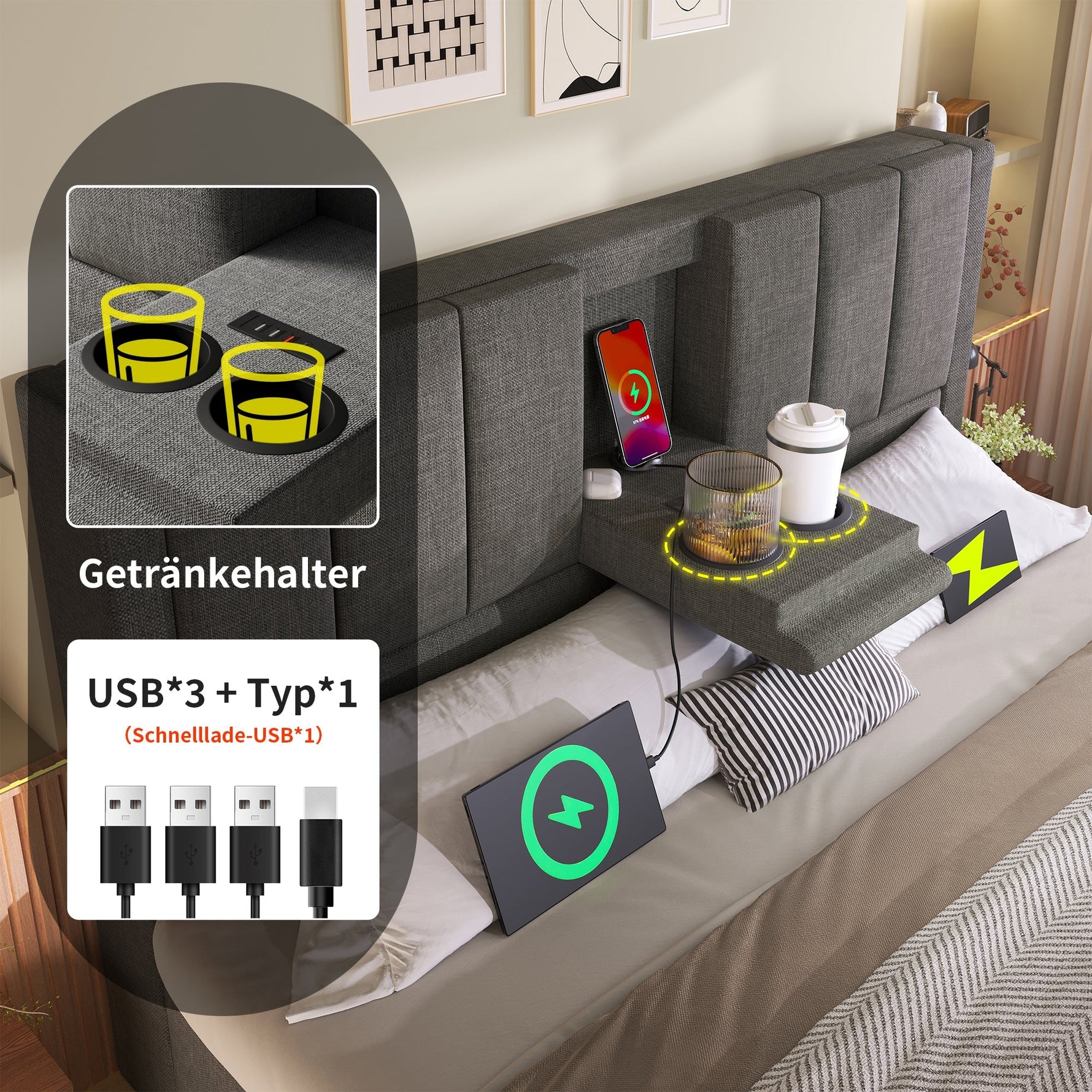 Upholstered Bed 160x200cm Hydraulic Storage with Hidden Cup Holder & Charging Station Linen Grey