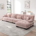 Modular Corner Sofa, L-shaped 4-Seater with Movable Ottoman, Chenille Pink