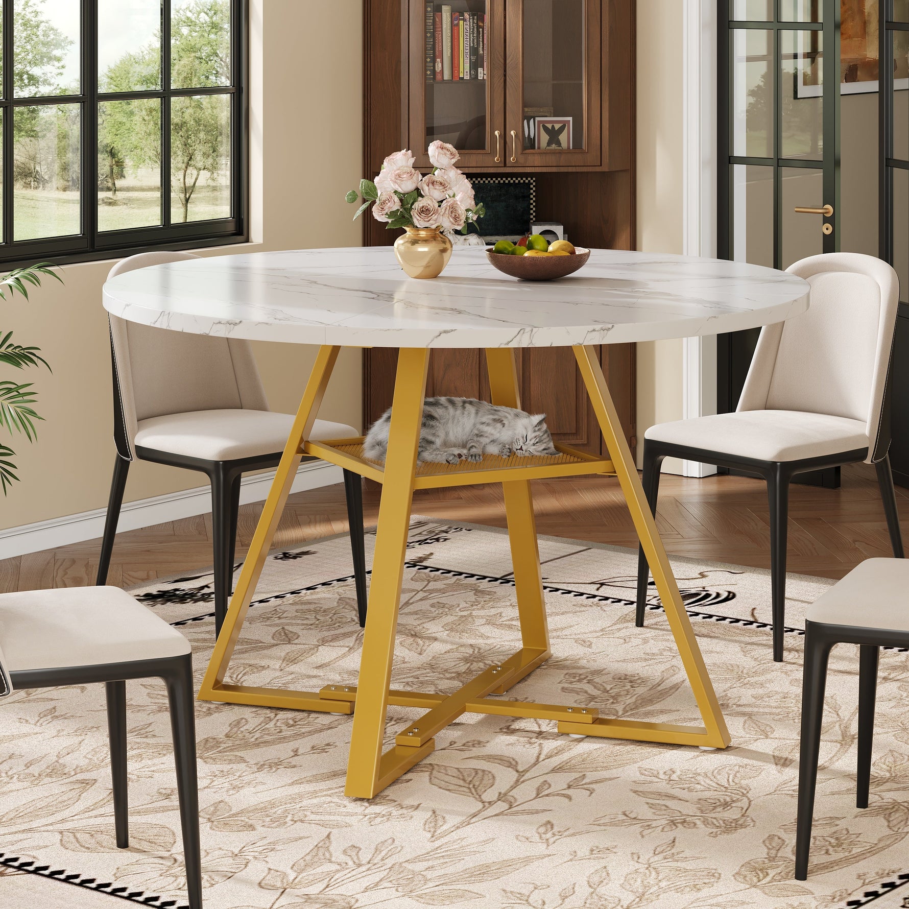 Round Dining Table Metal Legs Marble Look - Black/White