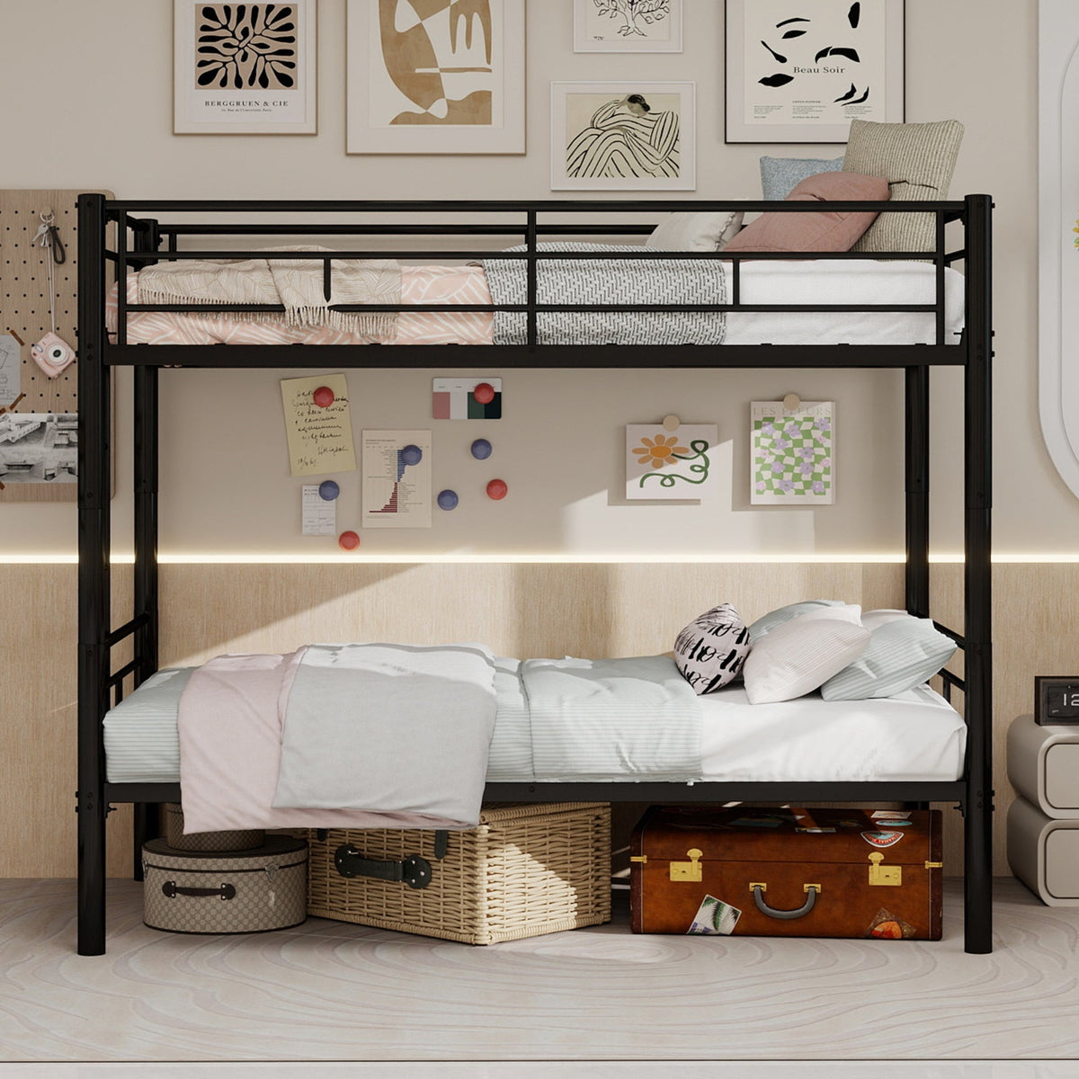 Twin over Twin Bunk Bed Convertible 2 Beds Ladders Railings, Metal Structure