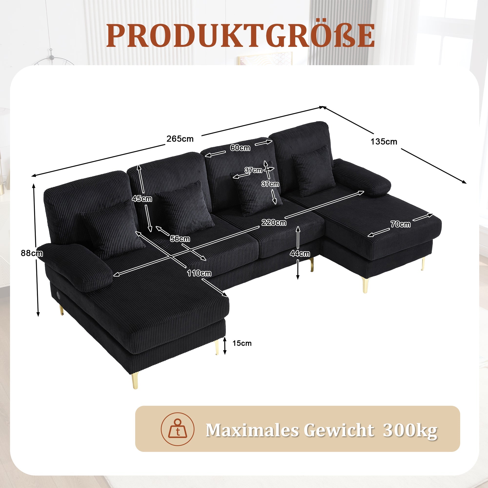 Modern U-shaped Sofa, LED Ambient Lighting, USB-C Port, Ergonomic Backrest, Black