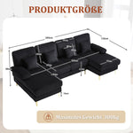 Modern U-shaped Sofa, LED Ambient Lighting, USB-C Port, Ergonomic Backrest, Black