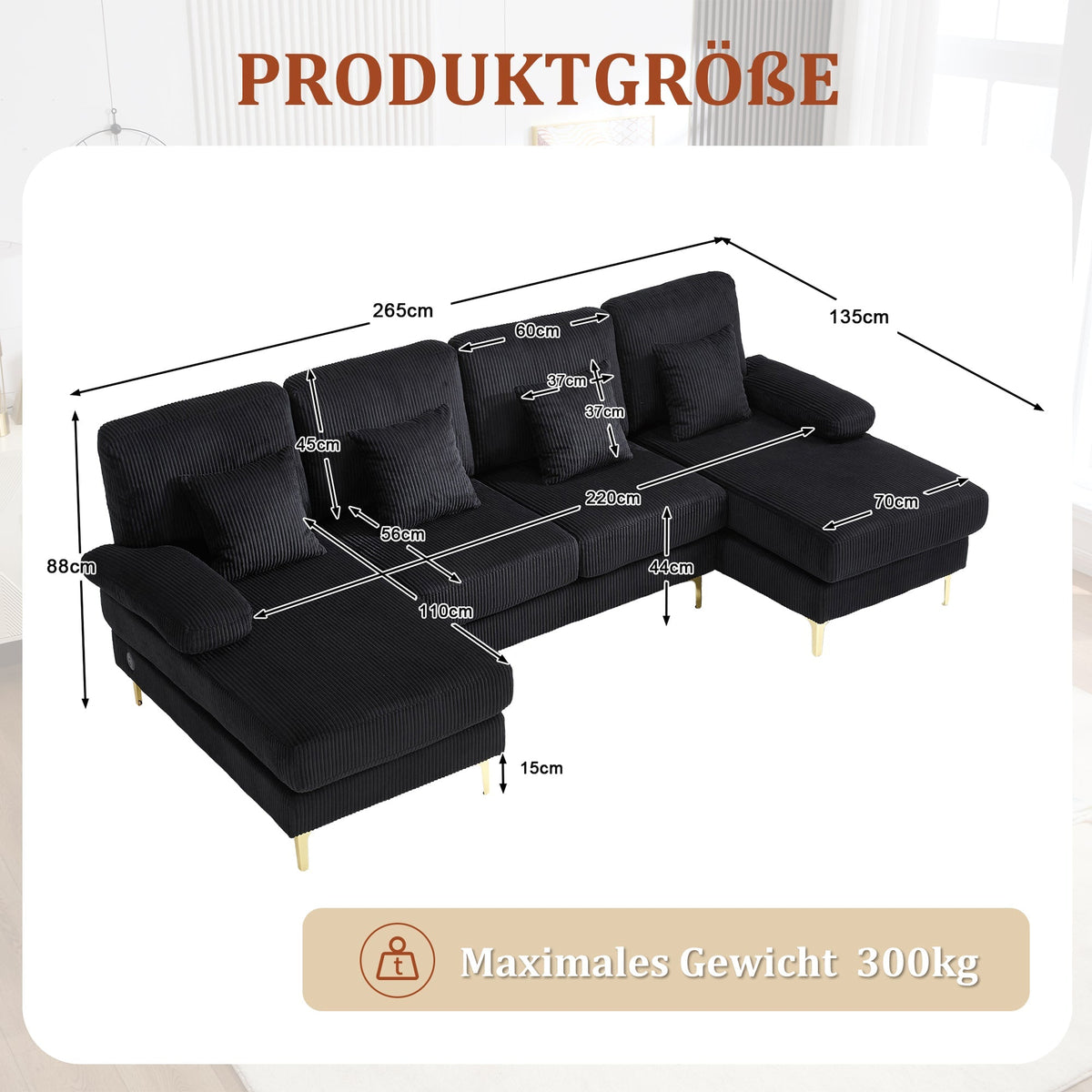 Modern U-shaped Sofa, LED Ambient Lighting, USB-C Port, Ergonomic Backrest, Black