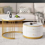 Elegant Nesting Coffee Table Set with Drawers, White Marble Look