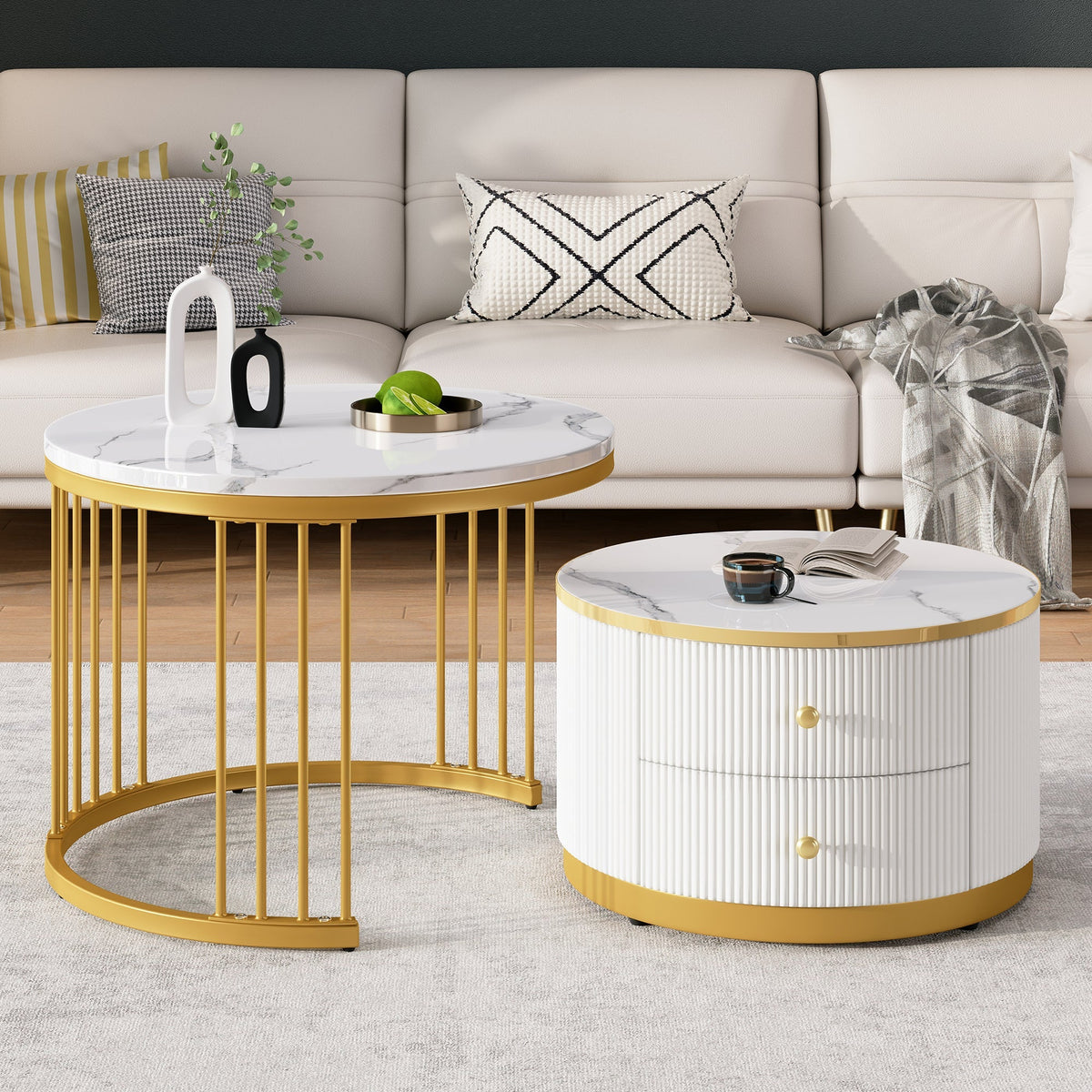 Elegant Nesting Coffee Table Set with Drawers, White Marble Look