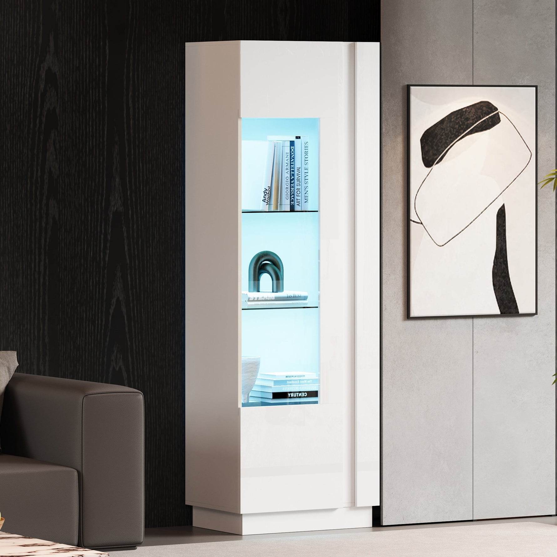 Cabinet, 60x40x180cm High-Gloss Display with LED Lighting, White Acrylic