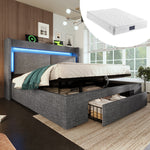 Upholstered Bed 140x200cm Hydraulic Storage Headboard LED USB/USB-C with Mattress - Grey Linen